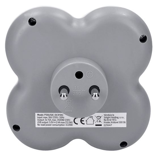 Solight rozbočovač, 3x 15A, USB nabíjačka A+C, biely-sivý