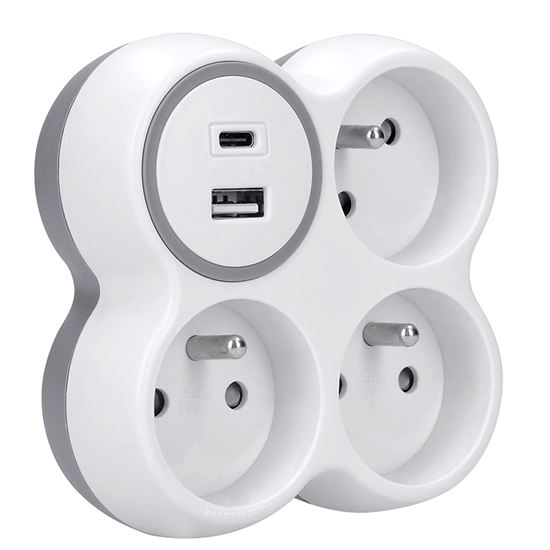 Solight rozbočovač, 3x 15A, USB nabíjačka A+C, biely-sivý