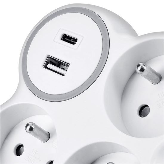 Solight rozbočovač, 3x 15A, USB nabíjačka A+C, biely-sivý