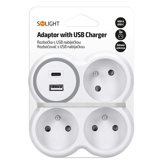Solight rozbočovač, 3x 15A, USB nabíjačka A+C, biely-sivý