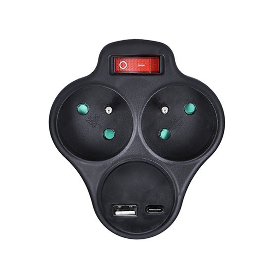 Solight rozbočovač s USB A+C nabíjačkou, 2 x 10A, čierny, vypínač