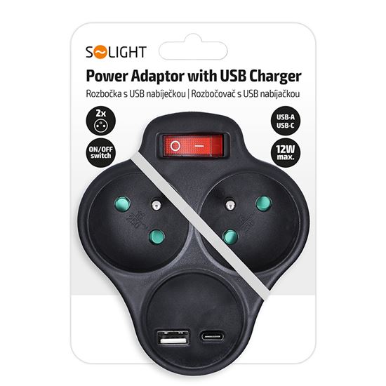 Solight rozbočovač s USB A+C nabíjačkou, 2 x 10A, čierny, vypínač