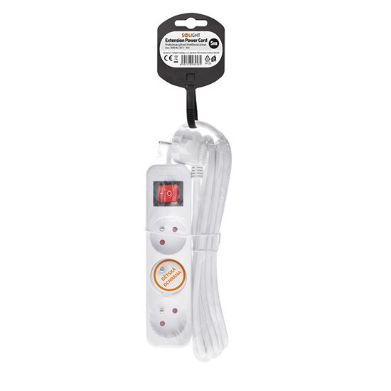 Solight predlžovací prívod 5m, 3 zásuvky, vypínač, 16A/3680W, PVC, biely