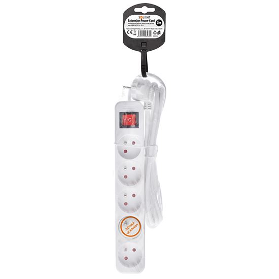 Solight predlžovací prívod 3m, 5 zásuviek, vypínač, 16A/3680W, PVC, biely