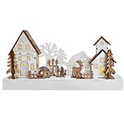 Solight LED vianočná dedinka, 34x17cm, drevo, 4 LED, 2x AA