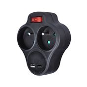 Solight rozbočovač s USB A+C rychlonabíjačkou 20W PD, 2 x 10A, čierny, vypínač