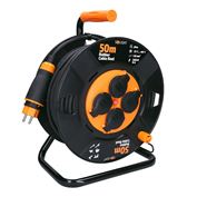 Solight predlžovací prívod na bubne, 4 zásuvky, vonkajší, 50m gumový kábel, 3x 1,5mm2, IP44