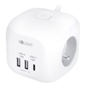 Solight 3z + USB A+C predlžovací prívod - kocka, 2m, 3 x 1mm2, biely, vypínač