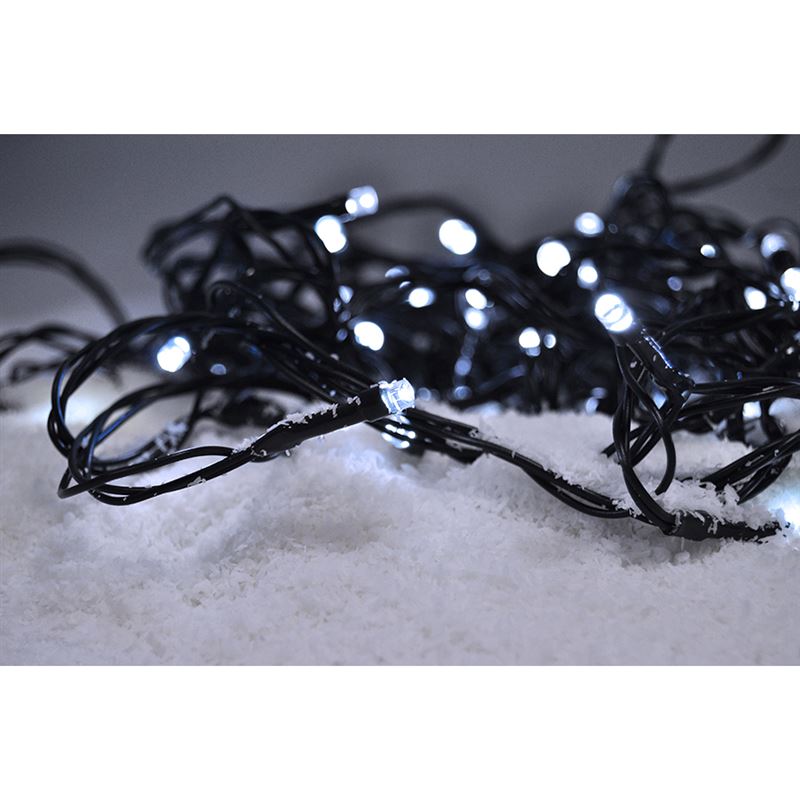 Solight LED vonkajšia vianočná reťaz, 100LED, 10m, 3m prívod, 8 funkcií, IP44, 3x AA, studená biela