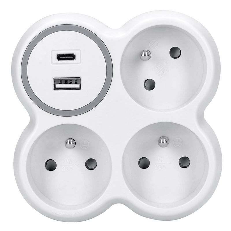 Solight rozbočovač, 3x 15A, USB nabíjačka A+C, biely-sivý