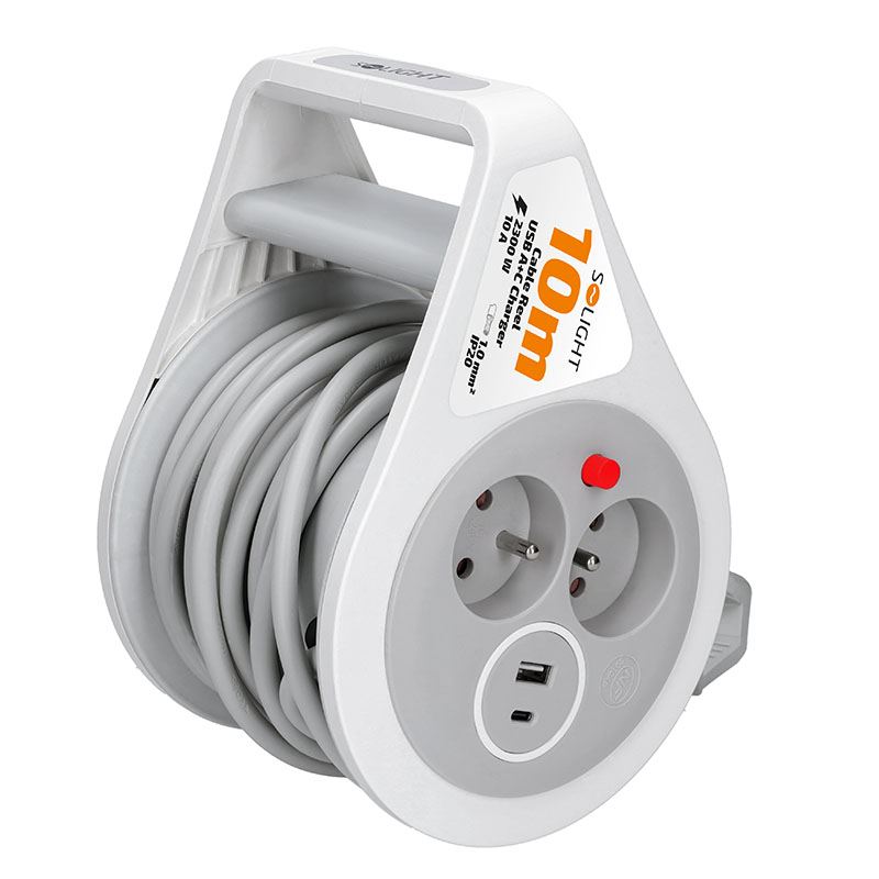 Solight predlžovací prívod na bubne 10m, USB A+C, 2 zásuvky, sivý kábel, 3x 1,0mm2