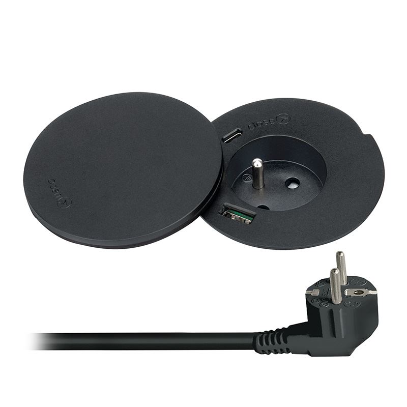 Solight vstavaná zásuvka + USB A+C + Wireless 10W, otočné viečko, kábel 2m, čierna