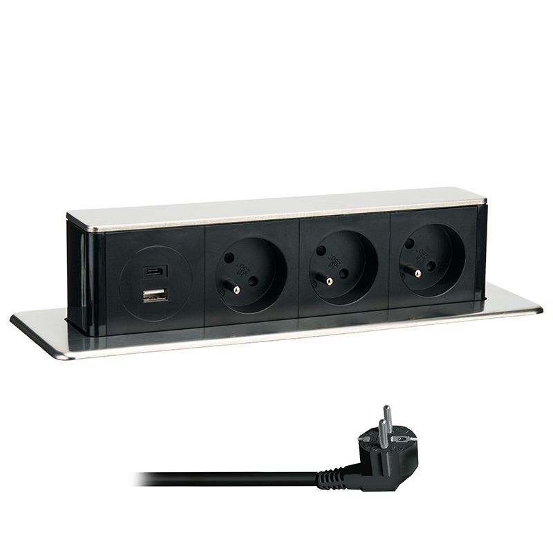 Solight 3z + USB A+C 20W PD výsuvný blok zásuviek, 2m, nerez oceľ
